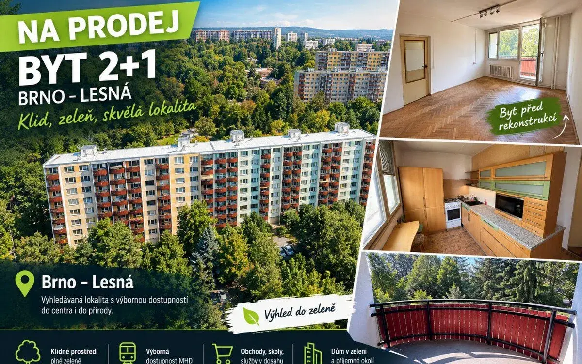Prodej - byt 2+1 56 m² s balkonem – Brno - Lesná