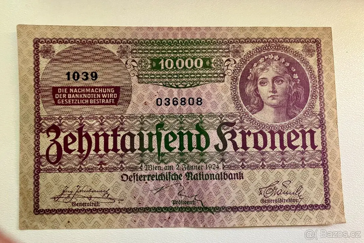 Rakouská bankovka 10 000 Kronen 1924