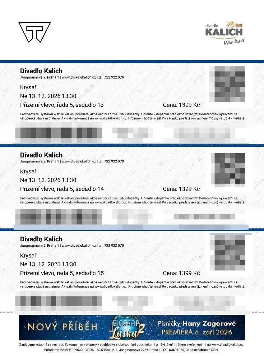 Krysař Divadlo Kalich 13.12. 13:30, 3 vstup. 5. řada